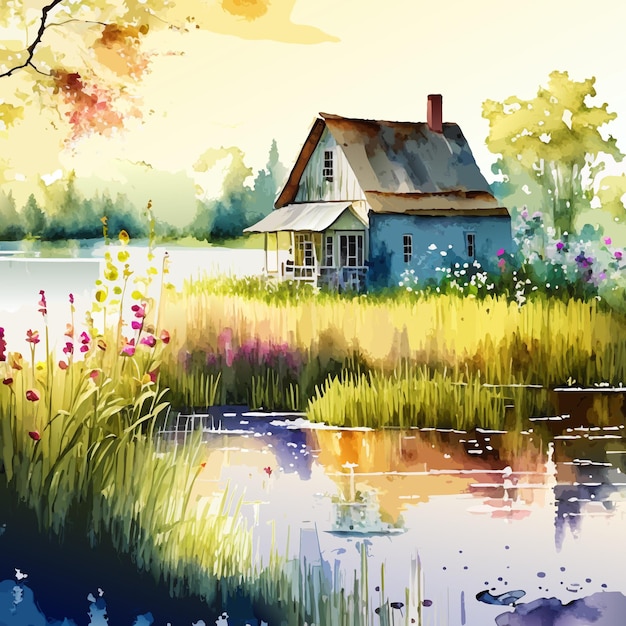 Pintura acuarela de una casa de madera en la orilla, hierba y un pantano