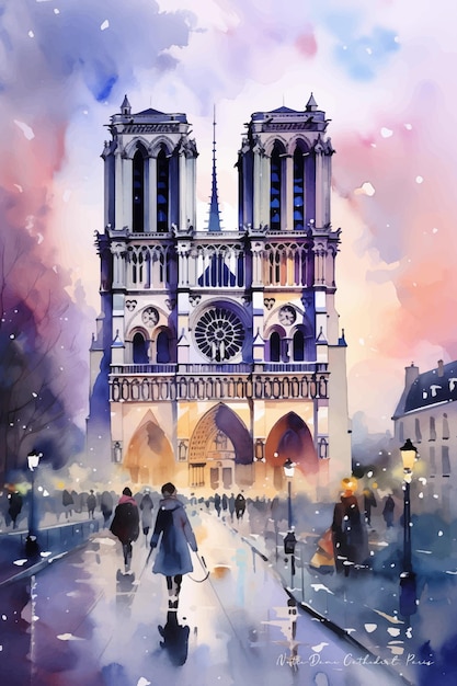 Pintura en acuarela de la catedral de notre dame en parís por la noche