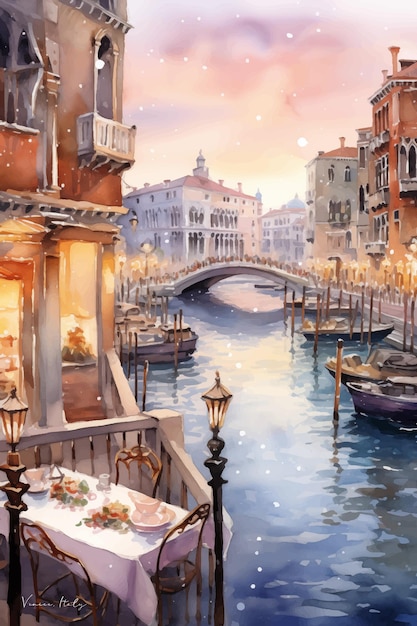 Pintura en acuarela cena romántica pintoresco canal veneciano