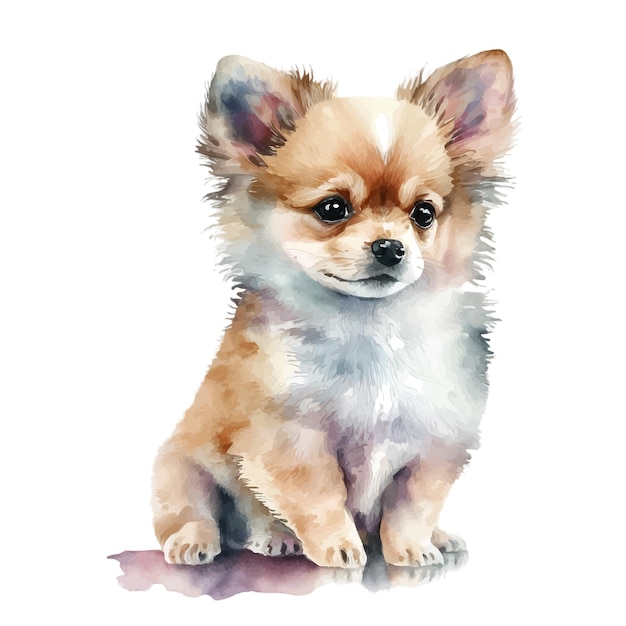 Una pintura de acuarela de un chihuahua sentado sobre un fondo morado.