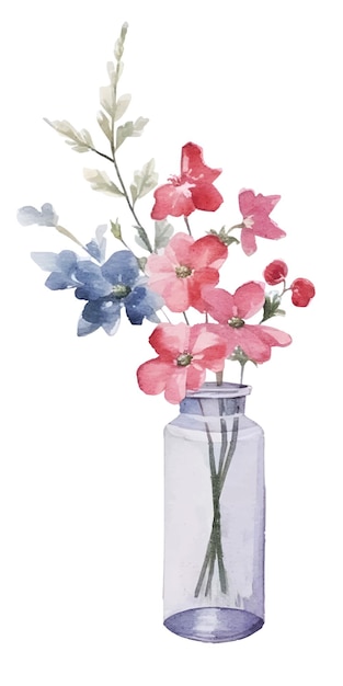 Pintura en acuarela con clip art de flores con jarrón