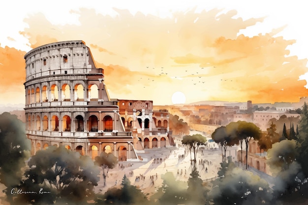 Vector pintura en acuarela del coliseo romano al atardecer con turistas