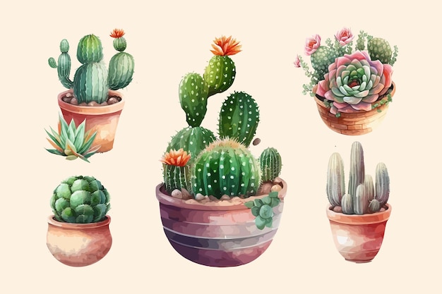 Una pintura de acuarela de diferentes cactus en macetas.