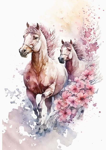 Vector una pintura de acuarela de dos caballos con flores rosas.