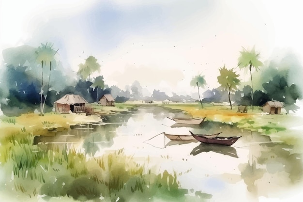 Una pintura de acuarela de una escena de río con un bote en el agua.