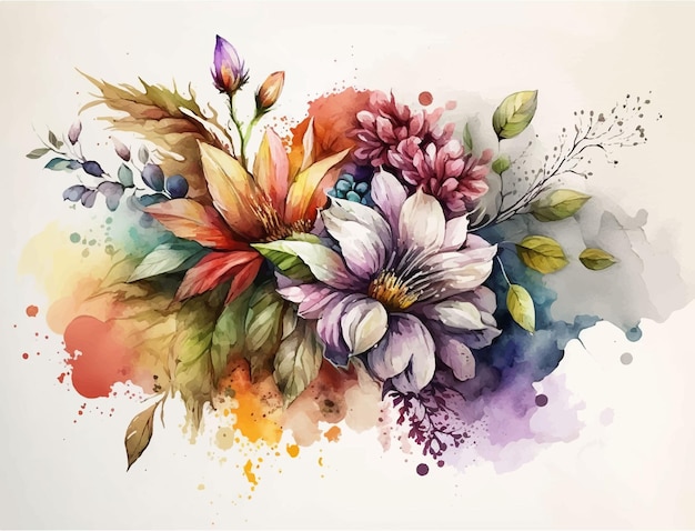 Una pintura de acuarela de flores y hojas.