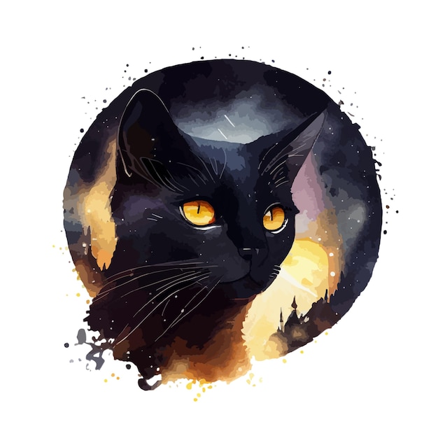 Pintura de acuarela de gato negro celestial Retrato de animal de gato negro aislado sobre fondo blanco Ilustración de vector de gato de acuarela abstracta