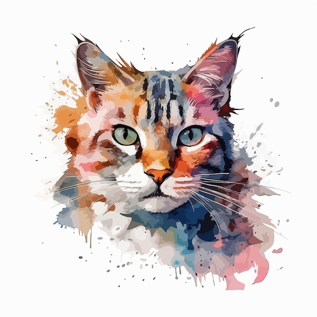 Una pintura de acuarela de un gato con ojos azules.