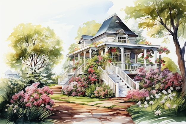 Pintura en acuarela de una hermosa casa y jardín del patio delantero pintura de paisaje con coun edificio