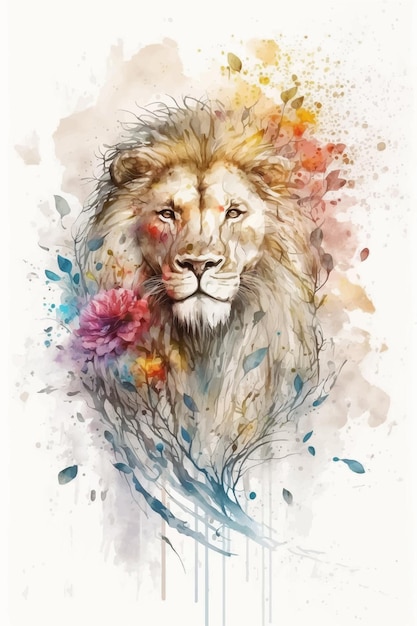 Vector una pintura de acuarela de un león con una flor.