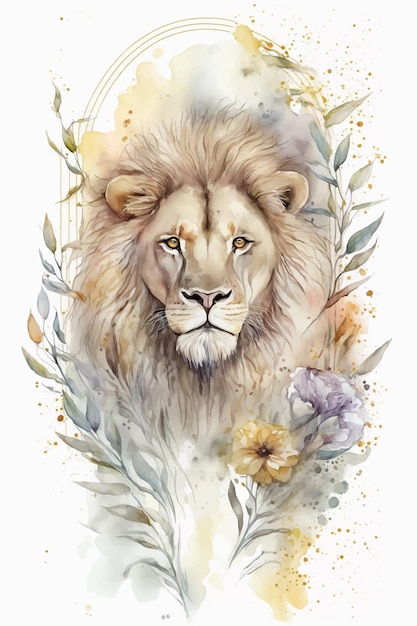 Vector una pintura de acuarela de un león con flores y hojas.