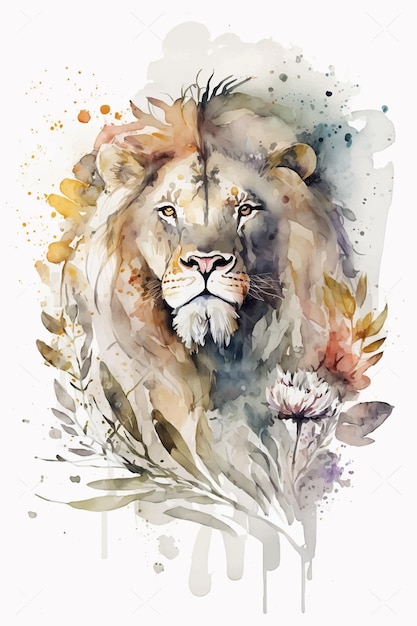 Vector pintura acuarela de un león con flores y hojas.