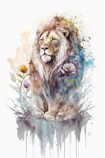 Vector una pintura de acuarela de un león con flores.