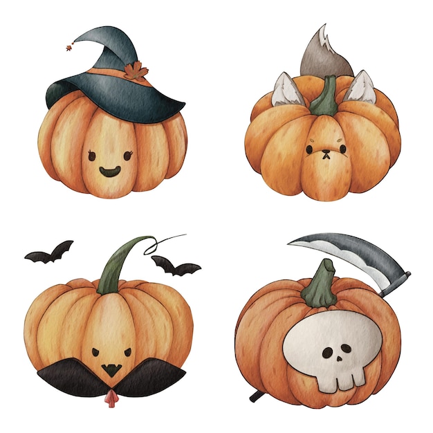 Pintura acuarela de lindos personajes de calabaza. Feliz Halloween, truco o trato.