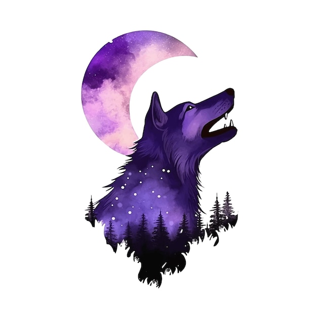 Pintura de acuarela de lobo púrpura aullando a la luna