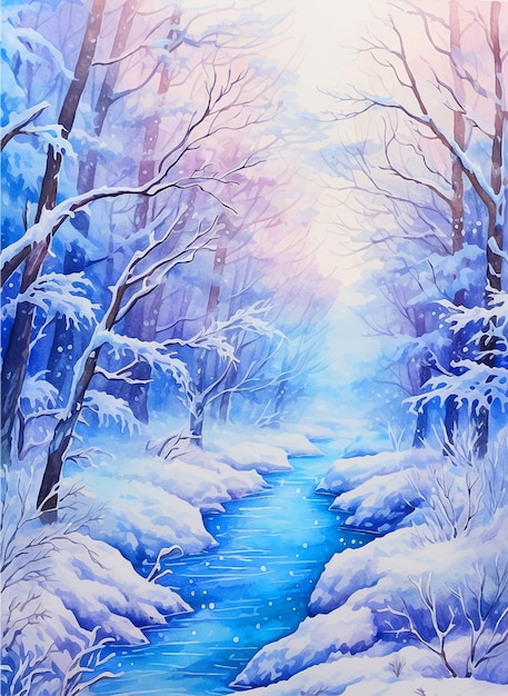 Pintura de acuarela de naturaleza invernal