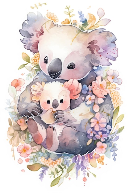 Una pintura de acuarela de un oso koala y su bebé.