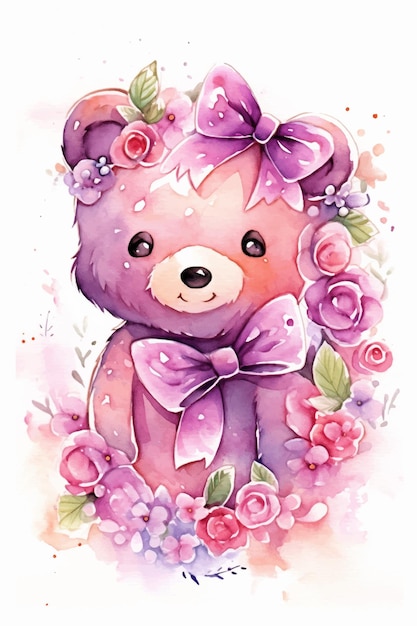 Pintura de acuarela de un oso morado con flores.