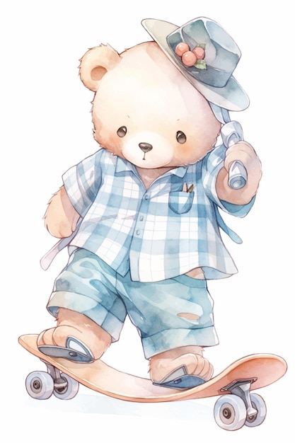 Una pintura de acuarela de un oso de peluche con una camisa a cuadros azul y un sombrero.