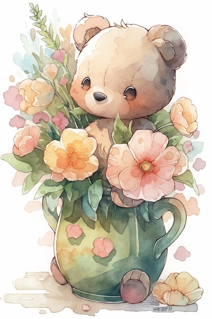 Una pintura de acuarela de un oso de peluche en un jarrón de flores.