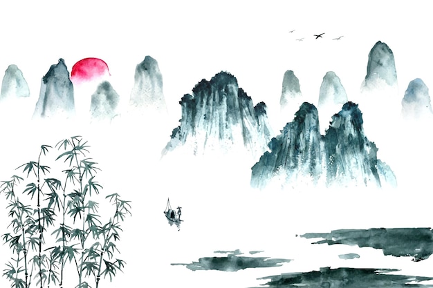Pintura de acuarela de paisajes en estilo chino oriental.