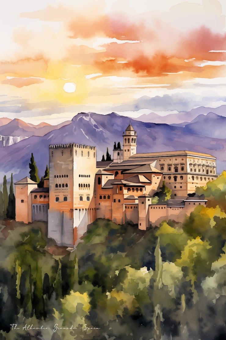Vector pintura en acuarela del palacio de la alhambra en españa al atardecer
