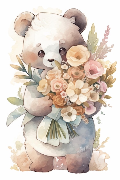 Una pintura de acuarela de un panda con un ramo de flores.