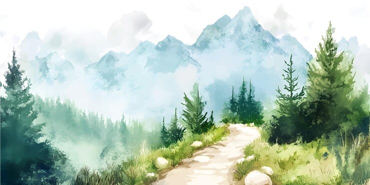 pintura en acuarela que representa un camino a través de un paisaje montañoso