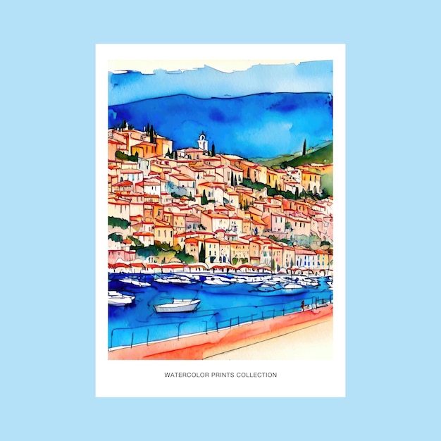 Pintura de acuarela de la Riviera francesa