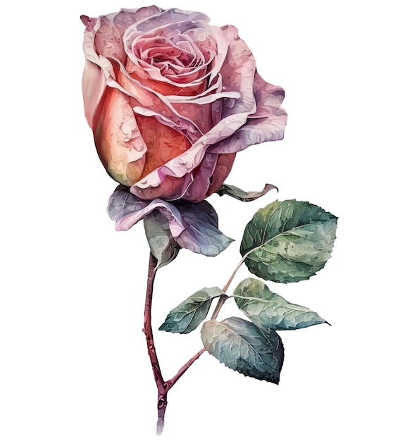 Una pintura de acuarela de una rosa rosa con hojas verdes.