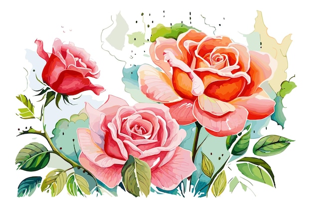 Una pintura de acuarela de rosas en rosa y naranja.