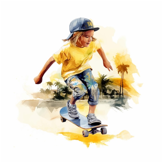 Pintura de acuarela de skateboarding de niño pequeño