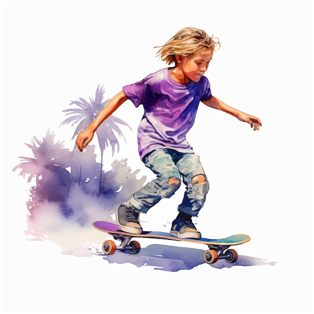 Pintura de acuarela de skateboarding de niño pequeño