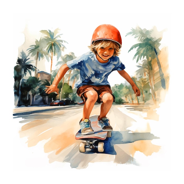 Pintura de acuarela de skateboarding de niño pequeño