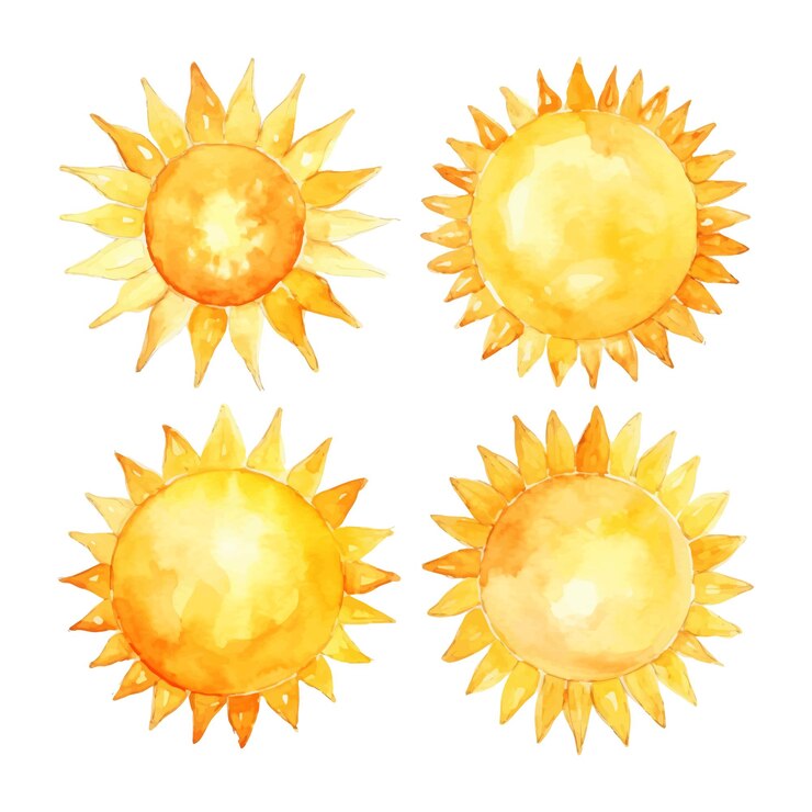 Vector pintura acuarela de sol cuatro colección aislada