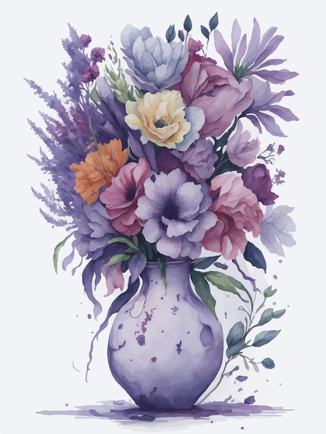 Pintura en acuarela suelta de un ramo de flores en un jarrón de vidrio