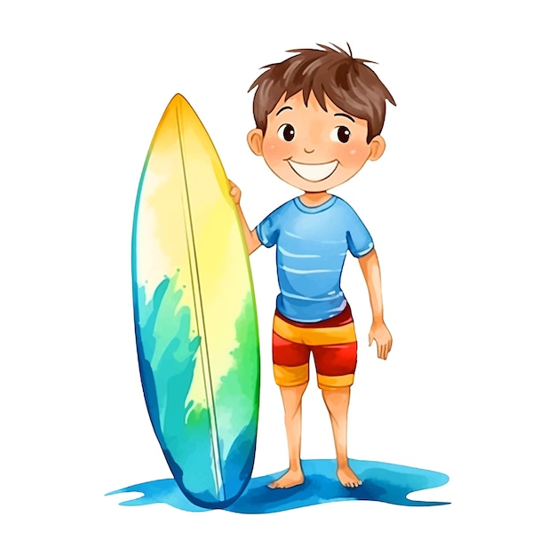 Vector pintura de acuarela de surf de niño pequeño