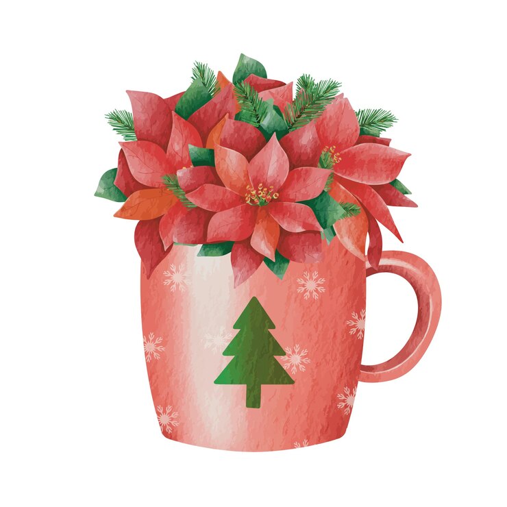 Vector pintura de acuarela. taza decorada con flores navideñas. acuarela dibujada a mano.