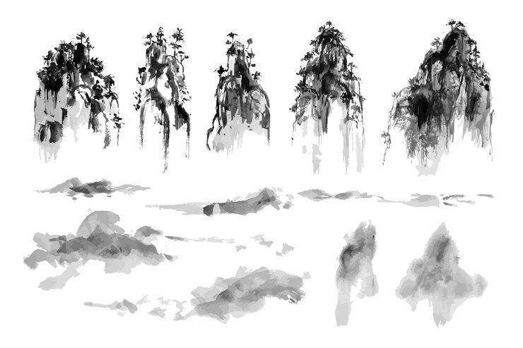 Vector pintura acuarela en tinta china estilo montaña sumie y nubes hinchadas
