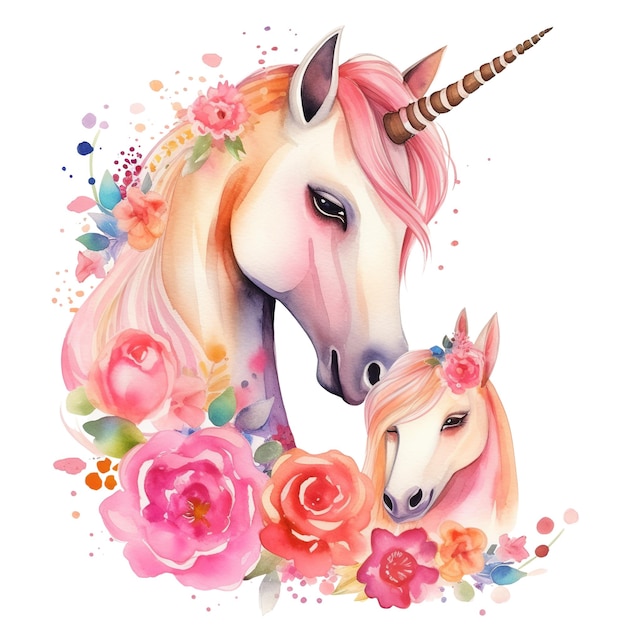 Una pintura de acuarela de un unicornio y un unicornio.