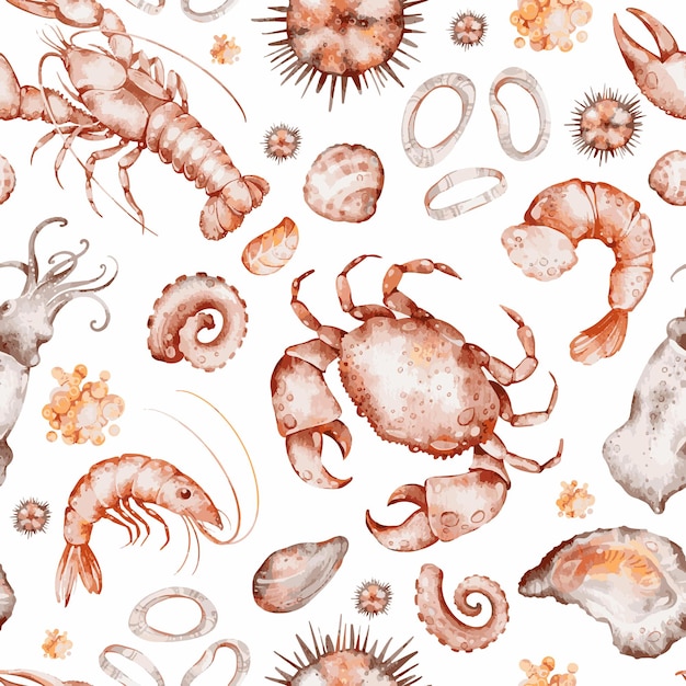 Pintura acuática de mariscos con patrón sin costuras sobre fondo negro dibujado a mano camarón langosta cangrejo almejas