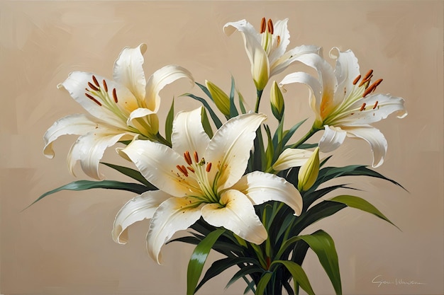 Pintura al óleo con flores de lirio blanco sobre un fondo beige