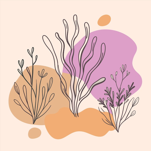 una pintura de algas y corales con un fondo rosa