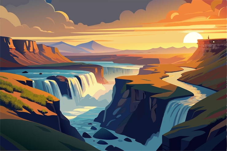 Vector una pintura de un amanecer sobre un río con una puesta de sol y montañas en el fondo
