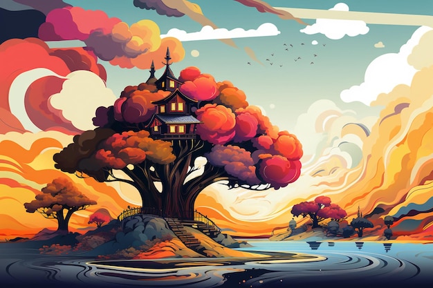 Una pintura de un árbol con una casa en él