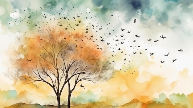 Una pintura de un árbol con pájaros volando en el cielo.