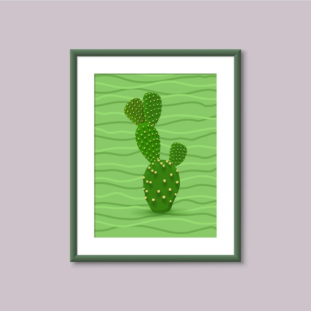 Pintura de arte con cactus en marco sobre fondo gris