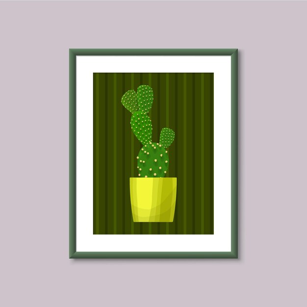 Pintura de arte con cactus en marco sobre fondo gris