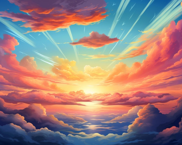 Una pintura artística del sol que se levanta sobre las nubes