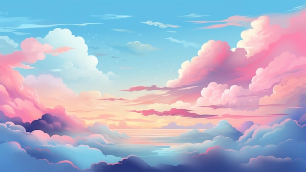 Vector una pintura de un atardecer con nubes y montañas en el fondo
